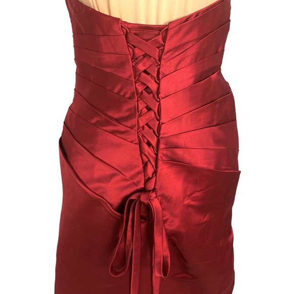 Glam Strapless Red Satin Pleated Cocktail Dress Corset Back M Hoco Bridesmaid - Picture 7 of 10